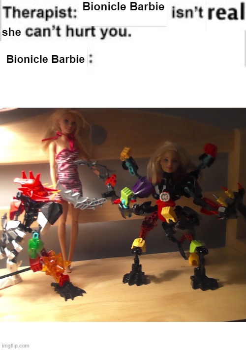 if toys had kids | Bionicle Barbie; she; Bionicle Barbie | image tagged in lego,barbie | made w/ Imgflip meme maker