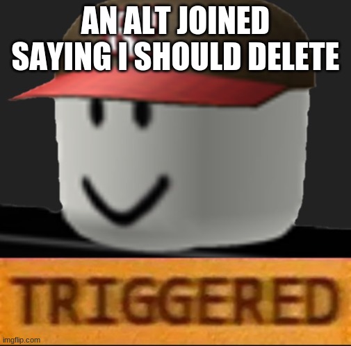 Roblox Triggered | AN ALT JOINED SAYING I SHOULD DELETE | image tagged in roblox triggered | made w/ Imgflip meme maker