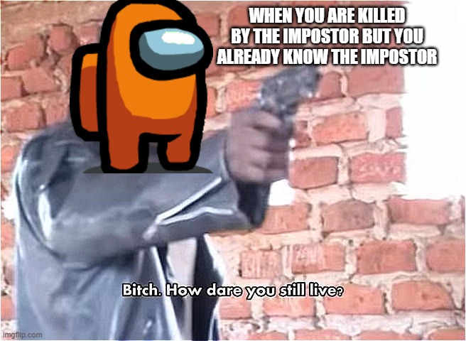 If I could do it |  WHEN YOU ARE KILLED BY THE IMPOSTOR BUT YOU ALREADY KNOW THE IMPOSTOR | image tagged in bitch how dare you still live,among us,among us blame,among us memes | made w/ Imgflip meme maker