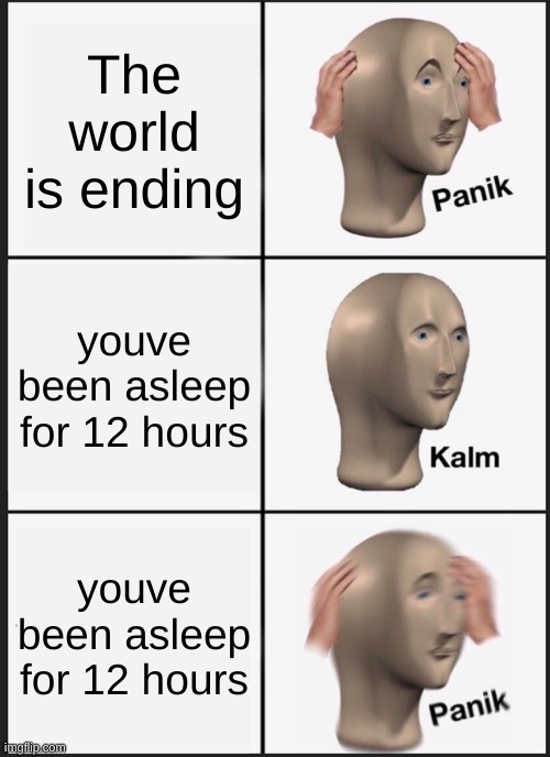 Panik Kalm Panik | The world is ending; youve been asleep for 12 hours; youve been asleep for 12 hours | image tagged in memes,panik kalm panik | made w/ Imgflip meme maker