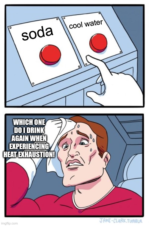 Two Buttons Meme | cool water; soda; WHICH ONE DO I DRINK AGAIN WHEN EXPERIENCING HEAT EXHAUSTION! | image tagged in memes,two buttons | made w/ Imgflip meme maker
