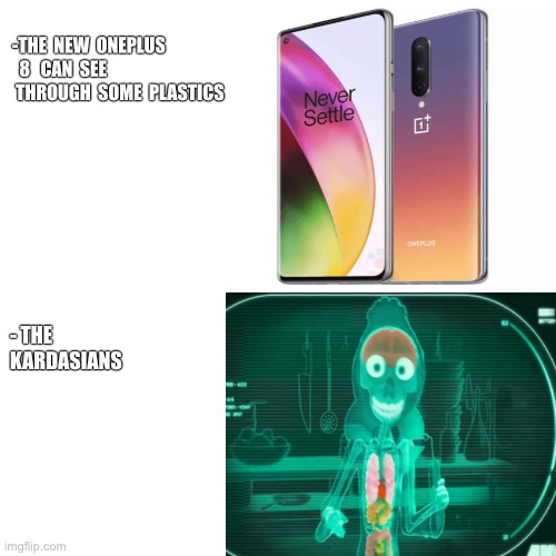 Just a meme | -THE  NEW  ONEPLUS   8   CAN  SEE     THROUGH  SOME  PLASTICS; - THE KARDASIANS | image tagged in smartphone,xray,despicable me | made w/ Imgflip meme maker