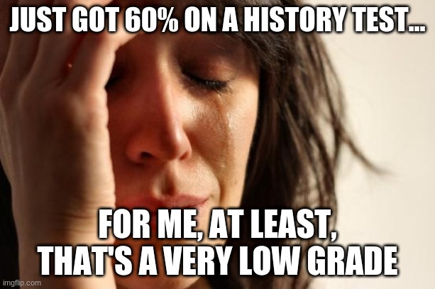 First World Problems | JUST GOT 60% ON A HISTORY TEST... FOR ME, AT LEAST, THAT'S A VERY LOW GRADE | image tagged in memes,first world problems,history | made w/ Imgflip meme maker