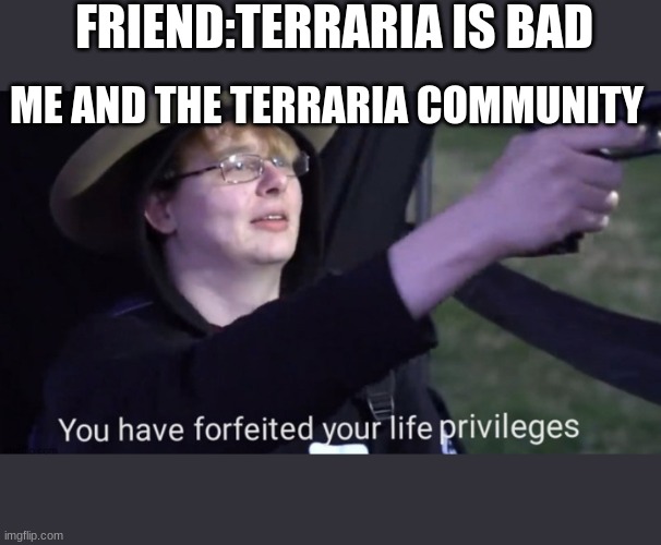 why is this guy my freind anyway | FRIEND:TERRARIA IS BAD; ME AND THE TERRARIA COMMUNITY | image tagged in you have forfeited your life privileges | made w/ Imgflip meme maker
