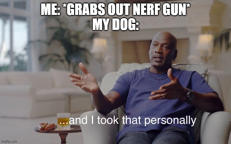 and I took that personally | ME: *GRABS OUT NERF GUN*
MY DOG: | image tagged in and i took that personally | made w/ Imgflip meme maker