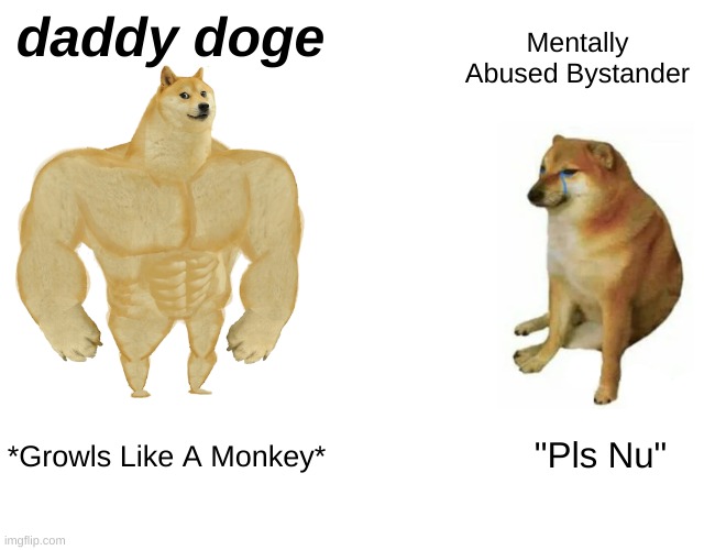 Buff Doge vs. Cheems | daddy doge; Mentally Abused Bystander; "Pls Nu"; *Growls Like A Monkey* | image tagged in memes,buff doge vs cheems | made w/ Imgflip meme maker