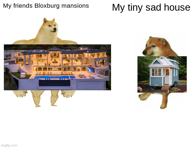 Buff Doge vs. Cheems | My friends Bloxburg mansions; My tiny sad house | image tagged in memes,buff doge vs cheems | made w/ Imgflip meme maker