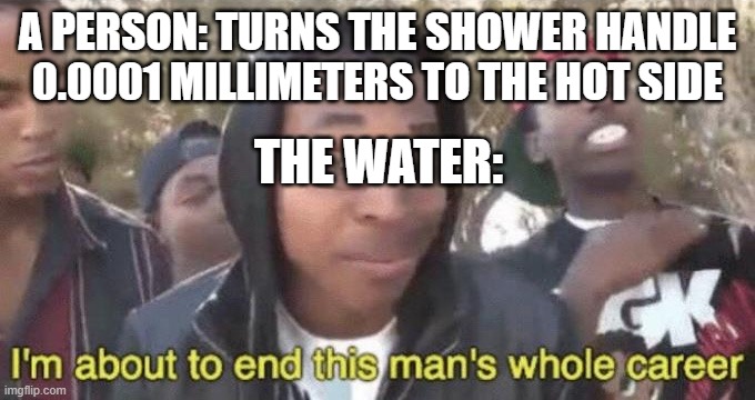 I’m about to end this man’s whole career | A PERSON: TURNS THE SHOWER HANDLE 0.0001 MILLIMETERS TO THE HOT SIDE; THE WATER: | image tagged in i m about to end this man s whole career | made w/ Imgflip meme maker