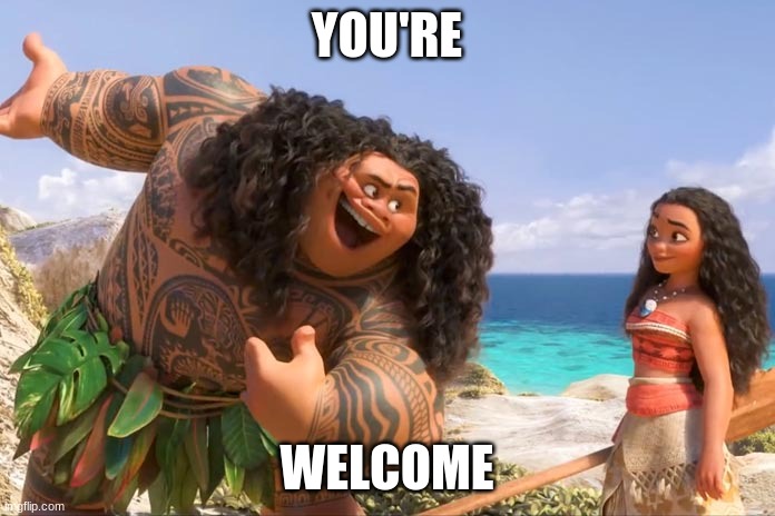 Moana Maui You're Welcome | YOU'RE WELCOME | image tagged in moana maui you're welcome | made w/ Imgflip meme maker