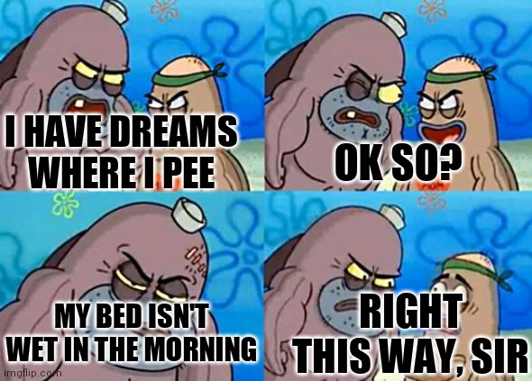 Welcome to the Salty Spitoon | OK SO? I HAVE DREAMS WHERE I PEE; MY BED ISN'T WET IN THE MORNING; RIGHT THIS WAY, SIR | image tagged in welcome to the salty spitoon | made w/ Imgflip meme maker