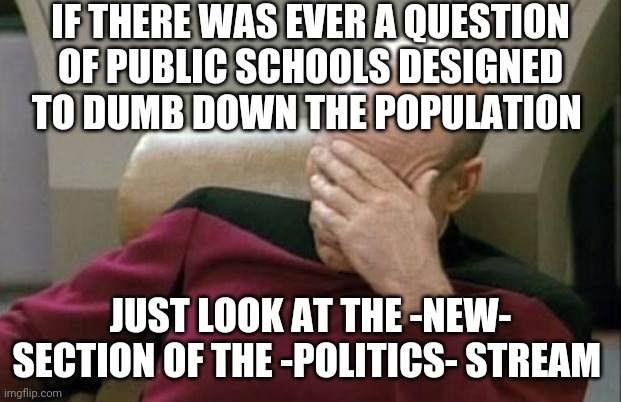 Captain Picard Facepalm | IF THERE WAS EVER A QUESTION OF PUBLIC SCHOOLS DESIGNED TO DUMB DOWN THE POPULATION; JUST LOOK AT THE -NEW- SECTION OF THE -POLITICS- STREAM | image tagged in memes,captain picard facepalm | made w/ Imgflip meme maker