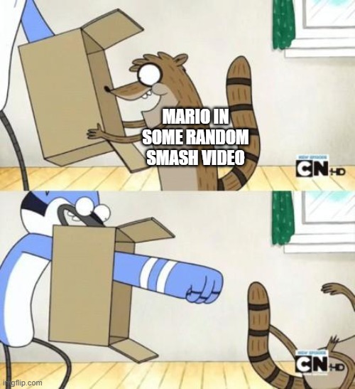Mordecai Punches Rigby Through a Box | MARIO IN SOME RANDOM SMASH VIDEO | image tagged in mordecai punches rigby through a box | made w/ Imgflip meme maker