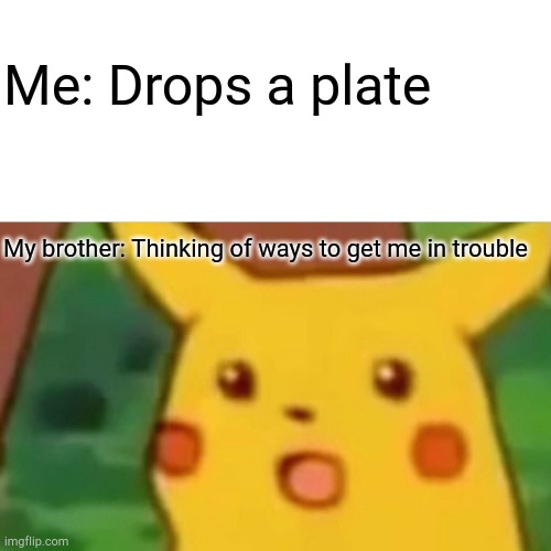 Surprised Pikachu | Me: Drops a plate; My brother: Thinking of ways to get me in trouble | image tagged in memes,surprised pikachu | made w/ Imgflip meme maker