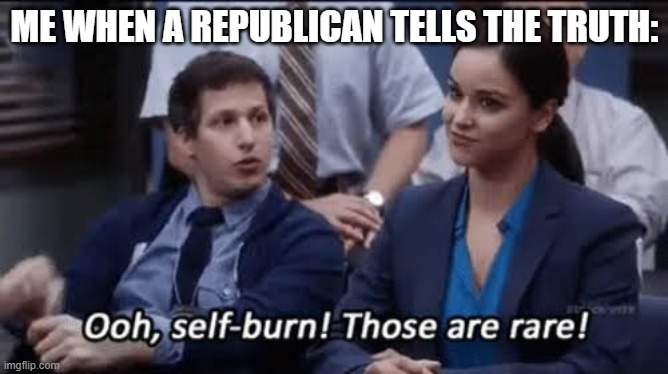 Ooh, self-burn! Those are rare! | ME WHEN A REPUBLICAN TELLS THE TRUTH: | image tagged in ooh self-burn those are rare | made w/ Imgflip meme maker