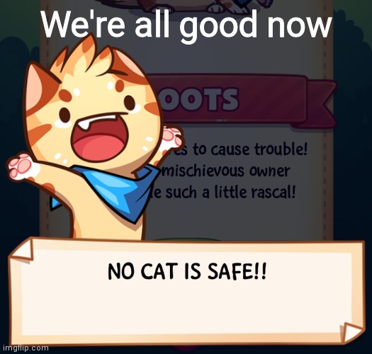 No cat is safe!!! | We're all good now | image tagged in no cat is safe | made w/ Imgflip meme maker
