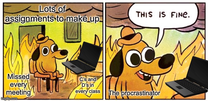 Online school is hard when you procrastinate :( | Lots of assignments to make up; Missed every meeting; C’s and D’s in every class; The procrastinator | image tagged in memes,this is fine,online school,school,procrastination | made w/ Imgflip meme maker
