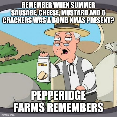 Pepperidge Farm Remembers Meme | REMEMBER WHEN SUMMER SAUSAGE, CHEESE, MUSTARD AND 5 CRACKERS WAS A BOMB XMAS PRESENT? PEPPERIDGE FARMS REMEMBERS | image tagged in memes,pepperidge farm remembers,memes | made w/ Imgflip meme maker