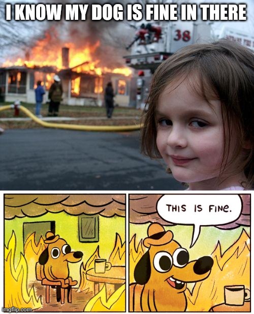 I KNOW MY DOG IS FINE IN THERE | image tagged in memes,disaster girl,this is fine | made w/ Imgflip meme maker