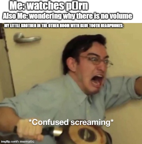 lol | Me: watches p()rn; Also Me: wondering why there is no volume; MY LITTLE BROTHER IN THE OTHER ROOM WITH BLUE TOOTH HEADPHONES: | image tagged in meme,rip him | made w/ Imgflip meme maker