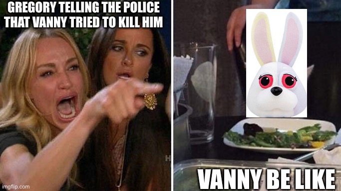 Grag stop just stop | GREGORY TELLING THE POLICE THAT VANNY TRIED TO KILL HIM; VANNY BE LIKE | image tagged in angry lady cat | made w/ Imgflip meme maker