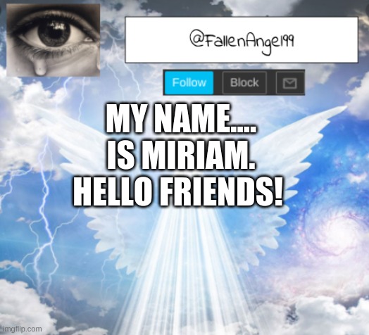welp | MY NAME.... IS MIRIAM. HELLO FRIENDS! | image tagged in fallenangel's announcement template,welp | made w/ Imgflip meme maker