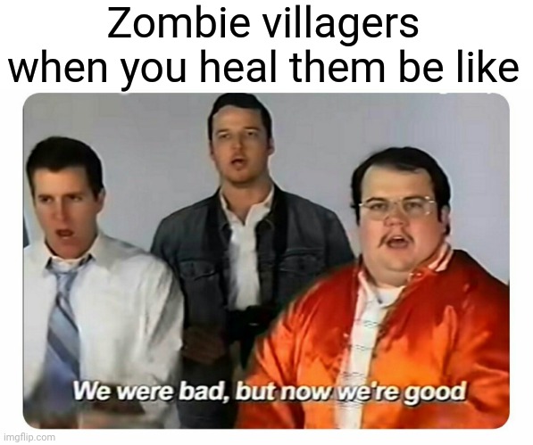 Zombie villagers be like | Zombie villagers when you heal them be like | image tagged in we were bad but now we are good,minecraft,memes | made w/ Imgflip meme maker