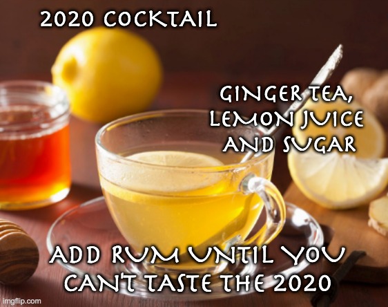 A toast | 2020 COCKTAIL; GINGER TEA, 
LEMON JUICE 
AND SUGAR; ADD RUM UNTIL YOU CAN'T TASTE THE 2020 | image tagged in 2020,drink,cocktails,tea,recipe | made w/ Imgflip meme maker