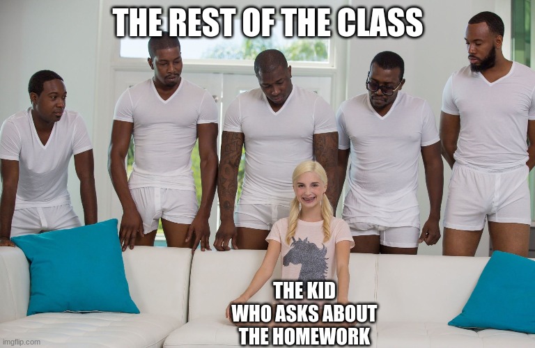 piper perri black orgy | THE REST OF THE CLASS; THE KID WHO ASKS ABOUT THE HOMEWORK | image tagged in piper perri black orgy | made w/ Imgflip meme maker