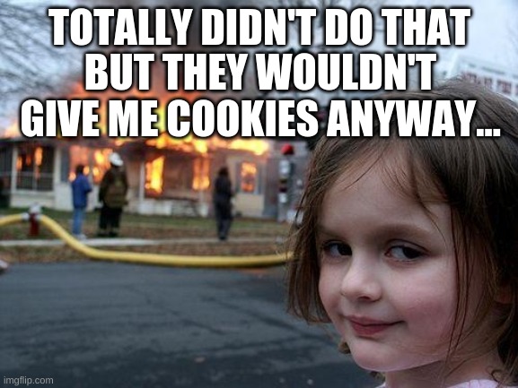 We need cookies... | TOTALLY DIDN'T DO THAT; BUT THEY WOULDN'T GIVE ME COOKIES ANYWAY... | image tagged in memes,disaster girl | made w/ Imgflip meme maker