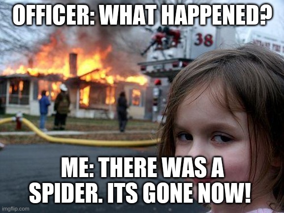 be gone | OFFICER: WHAT HAPPENED? ME: THERE WAS A SPIDER. ITS GONE NOW! | image tagged in memes,disaster girl,funny,funny memes,fun,funny meme | made w/ Imgflip meme maker