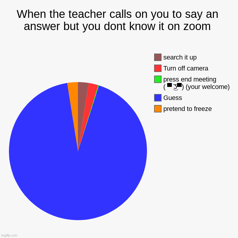 your welcome | When the teacher calls on you to say an answer but you dont know it on zoom | pretend to freeze, Guess, press end meeting            ( ▀ ͜͞ʖ | image tagged in charts,pie charts,school,zoom,excuses | made w/ Imgflip chart maker