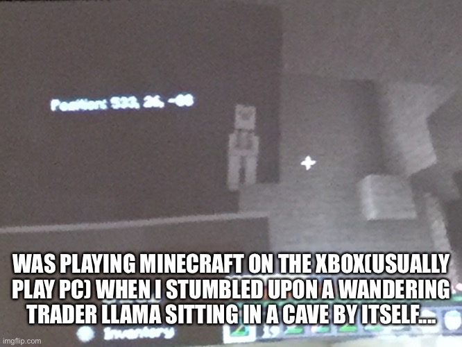 Where’d this guy come from? | WAS PLAYING MINECRAFT ON THE XBOX(USUALLY PLAY PC) WHEN I STUMBLED UPON A WANDERING TRADER LLAMA SITTING IN A CAVE BY ITSELF.... | made w/ Imgflip meme maker