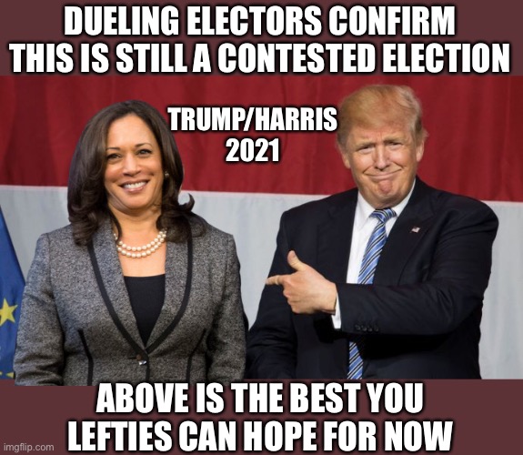 Trump/Harris 2021 | DUELING ELECTORS CONFIRM THIS IS STILL A CONTESTED ELECTION; TRUMP/HARRIS
2021; ABOVE IS THE BEST YOU LEFTIES CAN HOPE FOR NOW | image tagged in contested election,donald trump,kamala harris | made w/ Imgflip meme maker