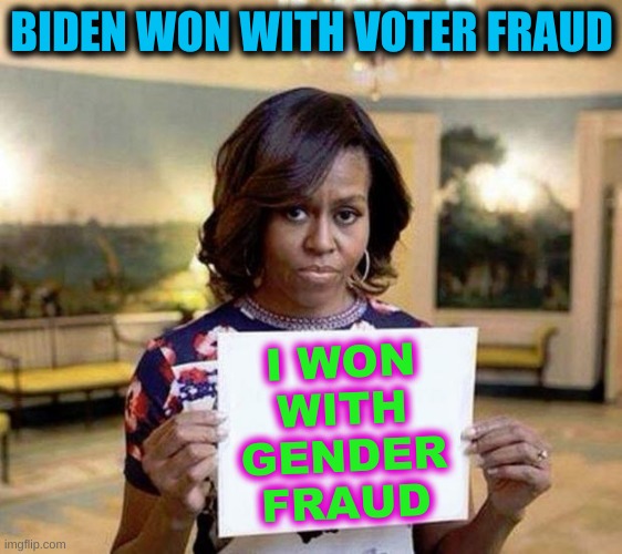 Michelle Obama blank sheet | BIDEN WON WITH VOTER FRAUD; I WON
WITH
GENDER
FRAUD | image tagged in michelle obama blank sheet,gender identity,transgender,election fraud,trump lost,joe biden | made w/ Imgflip meme maker