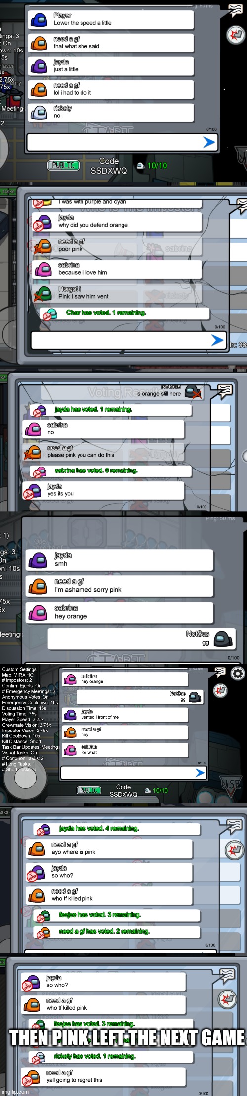 Ahh, Among us love Featuring: Pink and Orange | THEN PINK LEFT THE NEXT GAME | image tagged in among us | made w/ Imgflip meme maker