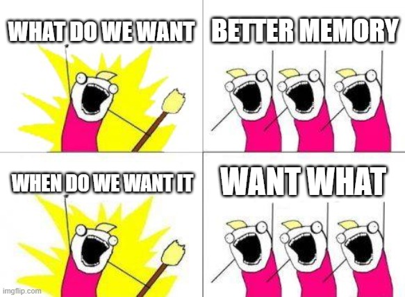 What Do We Want Meme | WHAT DO WE WANT; BETTER MEMORY; WANT WHAT; WHEN DO WE WANT IT | image tagged in memes,what do we want | made w/ Imgflip meme maker