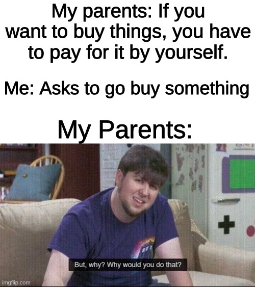 But why why would you do that? | My parents: If you want to buy things, you have to pay for it by yourself. Me: Asks to go buy something; My Parents: | image tagged in but why why would you do that | made w/ Imgflip meme maker