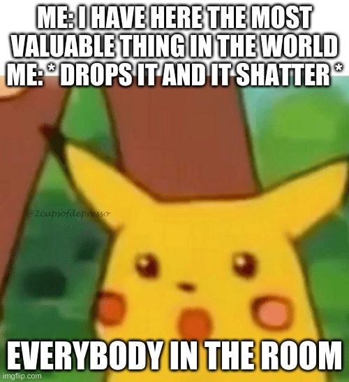 Im so clumsy | ME: I HAVE HERE THE MOST VALUABLE THING IN THE WORLD
ME: * DROPS IT AND IT SHATTER *; EVERYBODY IN THE ROOM | image tagged in pikachu meme | made w/ Imgflip meme maker