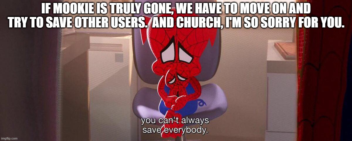 .... | IF MOOKIE IS TRULY GONE, WE HAVE TO MOVE ON AND TRY TO SAVE OTHER USERS.  AND CHURCH, I'M SO SORRY FOR YOU. | image tagged in you can't save everybody,spider-ham,spider-man,imgflip,imgflip users,marvel | made w/ Imgflip meme maker