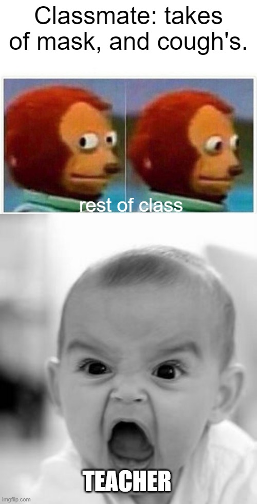 Cough | Classmate: takes of mask, and cough's. rest of class; TEACHER | image tagged in memes,monkey puppet,angry baby | made w/ Imgflip meme maker