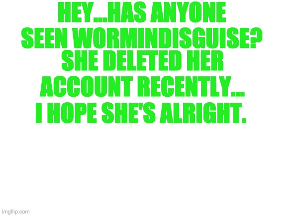 :( | HEY...HAS ANYONE SEEN WORMINDISGUISE? SHE DELETED HER ACCOUNT RECENTLY... I HOPE SHE'S ALRIGHT. | image tagged in blank white template | made w/ Imgflip meme maker