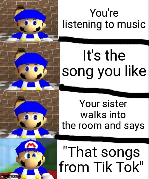 SMG4 Derp to Angry! | You're listening to music; It's the song you like; Your sister walks into the room and says; "That songs from Tik Tok" | image tagged in smg4 derp to angry | made w/ Imgflip meme maker