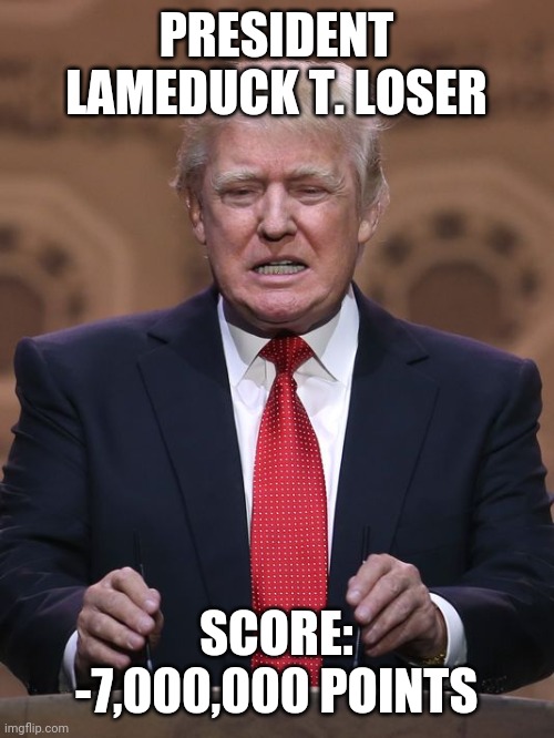Donald Trump | PRESIDENT LAMEDUCK T. LOSER SCORE: -7,000,000 POINTS | image tagged in donald trump | made w/ Imgflip meme maker