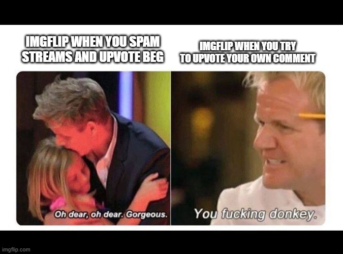 gordon ramsay | IMGFLIP WHEN YOU TRY TO UPVOTE YOUR OWN COMMENT; IMGFLIP WHEN YOU SPAM STREAMS AND UPVOTE BEG | image tagged in gordon ramsay | made w/ Imgflip meme maker