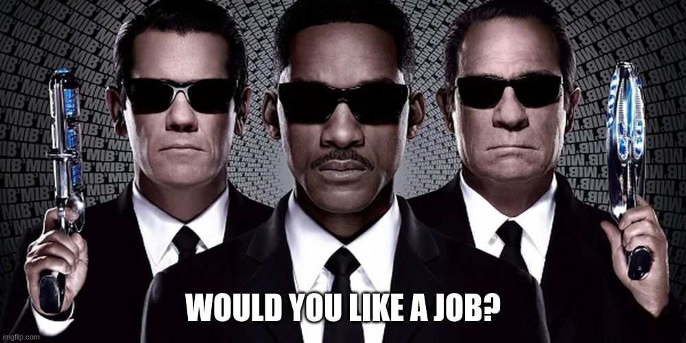 Agents or something idk I don't have a job | WOULD YOU LIKE A JOB? | image tagged in mib | made w/ Imgflip meme maker