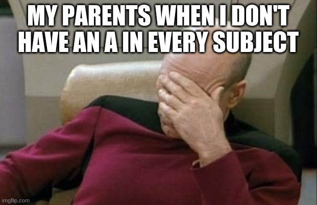 Captain Picard Facepalm | MY PARENTS WHEN I DON'T HAVE AN A IN EVERY SUBJECT | image tagged in memes,captain picard facepalm | made w/ Imgflip meme maker