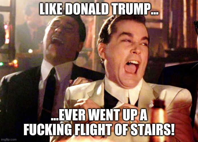 Good Fellas Hilarious Meme | LIKE DONALD TRUMP... ...EVER WENT UP A FUCKING FLIGHT OF STAIRS! | image tagged in memes,good fellas hilarious | made w/ Imgflip meme maker