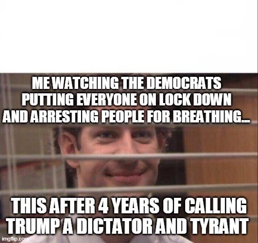Democrats | ME WATCHING THE DEMOCRATS PUTTING EVERYONE ON LOCK DOWN AND ARRESTING PEOPLE FOR BREATHING... THIS AFTER 4 YEARS OF CALLING TRUMP A DICTATOR AND TYRANT | image tagged in jim halpert | made w/ Imgflip meme maker