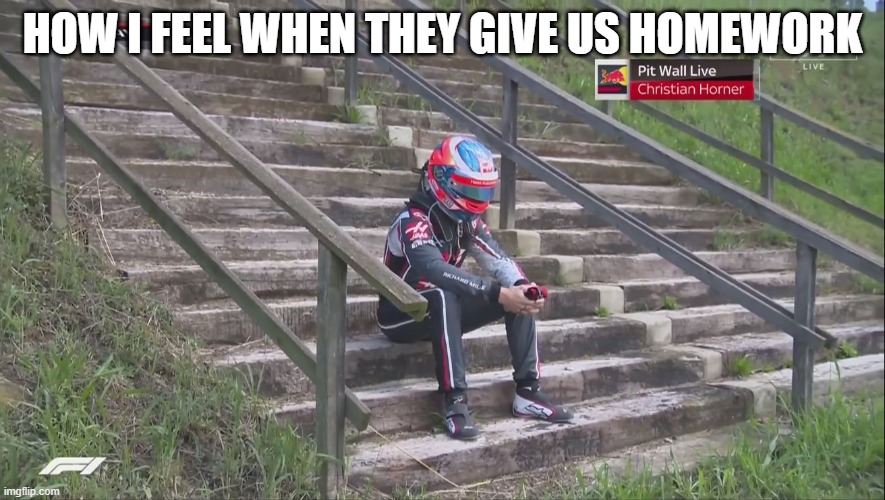 f1 | HOW I FEEL WHEN THEY GIVE US HOMEWORK | image tagged in f1 | made w/ Imgflip meme maker