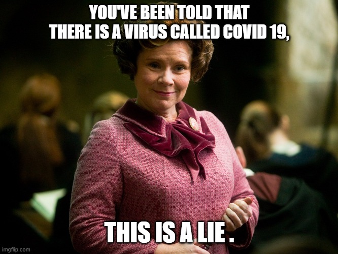 dolores' take on Covid | YOU'VE BEEN TOLD THAT THERE IS A VIRUS CALLED COVID 19, THIS IS A LIE . | image tagged in dolores umbridge | made w/ Imgflip meme maker